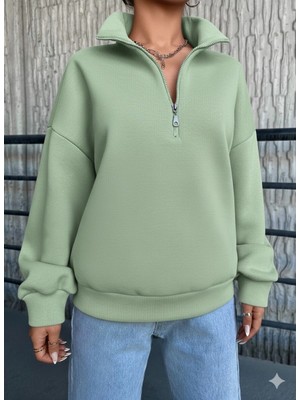 Epilons 3 Iplik Şardonlu Yarım Fermuarlı Sweatshirt Mint