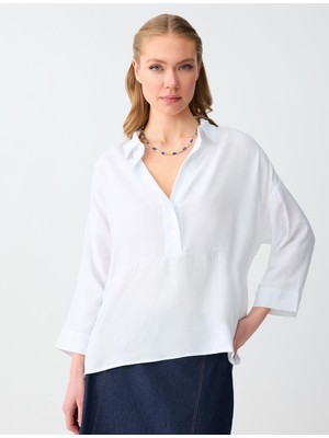 Jimmy Key Kırık Beyaz Keten Karışımlı Truvakar Kol Gömlek Yaka Bluz