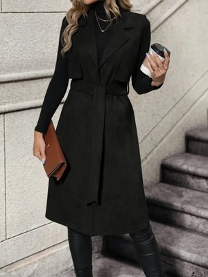 Moda Loris Kadın Kolsuz Yakalı Önü Açık Belden Kuşaklı Süet Midi Yelek