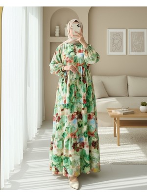 Modamorfo Karışık Desen Yarım Düğmeli Kolu Lastikli Elbise -Yeşil