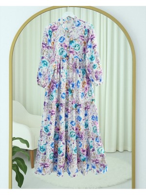 Modamorfo Karışık Çiçek Baskılı Yarım Düğmeli Parçalı Elbise  -Mavi