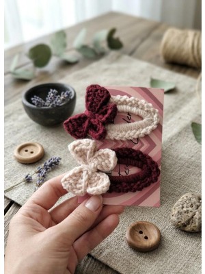 Hobilinka Tasarım El Yapımı Örgü Fiyonk Çıt Çıt Toka- 2'li Bordo Krem Çıt Çıt Toka