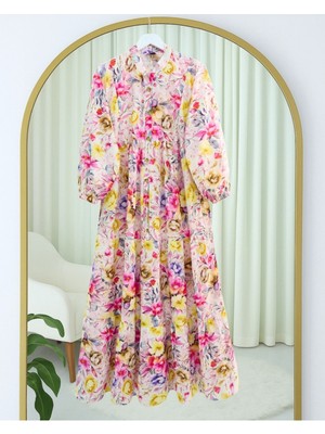 Modamorfo Karışık Çiçek Baskılı Yarım Düğmeli Parçalı Elbise  -Sarı