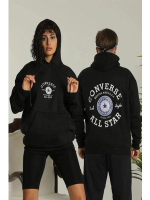Emh Store Erkek Sırt Baskılı Oversize Üç Iplik Kapüşonlu Hoodie Sweatshirt - Siyah