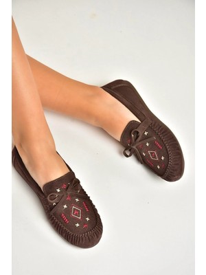 Fox Shoes Y996073102 Kahverengi Süet Renkli Motif Işlemeli Kadın Babet