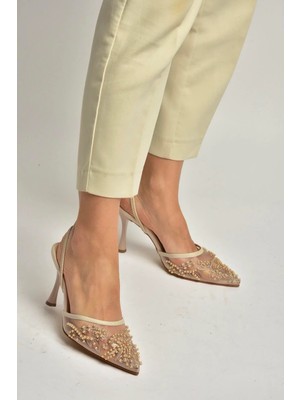 Fox Shoes Y726462415 Bej File Boncuk Işlemeli Ince Topuklu Kadın Ayakkabı