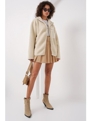 Infivento 55446 Fermuarlı Oversize Peluş Ceket - Krem