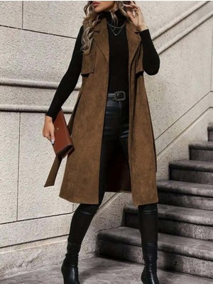 Infivento Kadın Kolsuz Yakalı Önü Açık Belden Kuşaklı Süet Midi Yelek