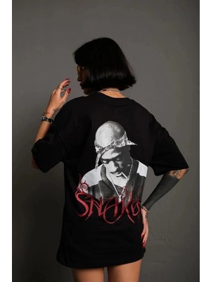 Kadın Baskılı T-Shirt Oversize kısa Kol Bisiklet Yaka Tişort- Siyah