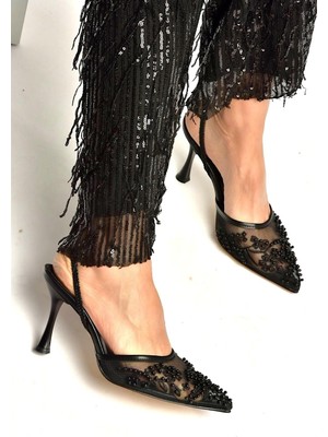 Fox Shoes Y726462415 Siyah File Boncuk Işlemeli Ince Topuklu Kadın Ayakkabı