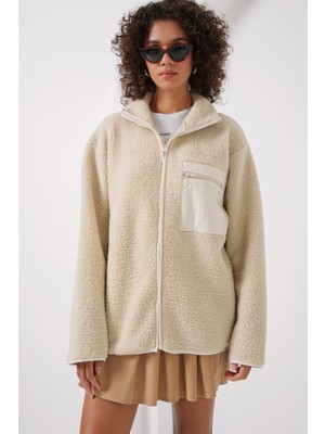 Munn Collection 55446 Fermuarlı Oversize Peluş Ceket - Krem