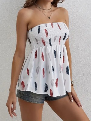 Runiquehome Kadın Yaprak Desenli Göğsü Gipeli Mosskrep Straplez Bluz