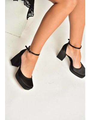 Fox Shoes Y246043004 Siyah Kumaş Kalın Platform Topuklu Abiye Ayakkabı