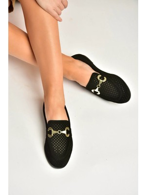 Fox Shoes Y291262402 Siyah Süet Toka Detaylı Kadın Babet