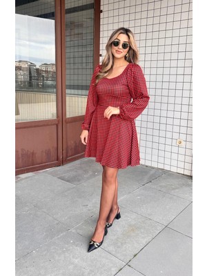Civetta Kadın Uzun Kollu Kare Kalp Yakalı Mini Modal Elbise