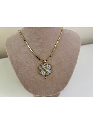 Eredka Yonca Desen Taşlı Kararmaz Paslanmaz Çelik Kolye