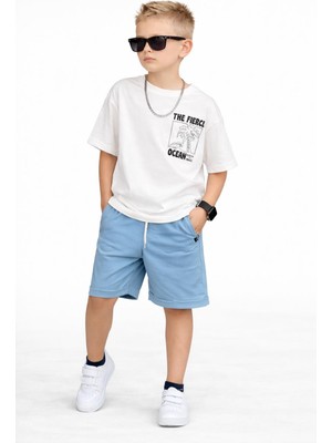 Bambam Erkek Çocuk Beyaz Baskılı Tişört Mavi Şortlu Yazlık Takım – Rahat Kalıp Günlük Spor Kombin 11695