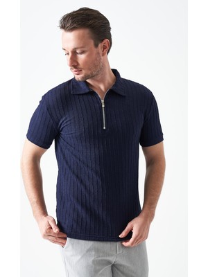 Tena Erkek Lacivert Ayaklı Yaka Fermuarlı Ağır Jakar Tişört