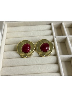 Eredka Mng Model Çiçek Çerçeve Bordo Taşlı Küpe