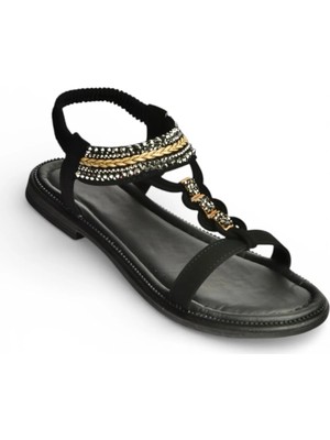 Fox Shoes Y274601309 Siyah Düz Tabanlı Taş Detaylı Kadın Sandalet