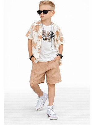 Bambam Erkek Çocuk 3 Parça Müslin Takım Palmiye Desenli Gömlek Baskılı Tişört Şort Kombin 11615