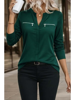 Gacha Kadın Uzun Kollu V Hakim Yaka Fermuar Detaylı Viskon Bluz