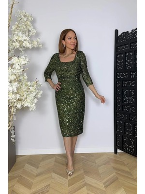 G1770 Kare Yaka Drape Detaylı Payet Abiye Elbise Haki