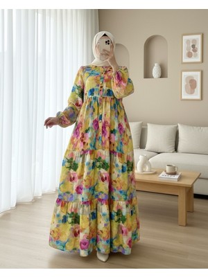 Modamorfo Karışık Desen Yarım Düğmeli Kolu Lastikli Elbise -Sarı