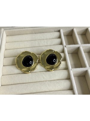 Eredka Mng Model Çiçek Çerçeve Siyah Taşlı Küpe