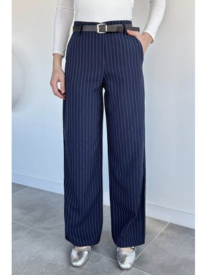 Gülseli Kadın Kemerli Çizgili Bol Paça Pantolon P-00020735