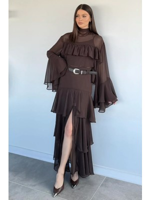 Gülseli Kadın Yırtmaçlı Kemerli Kat Detaylı Tül Etek P-00020723