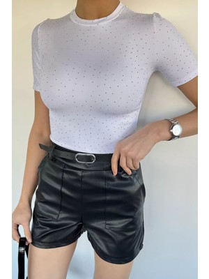 Gülseli Kadın Bisiklet Yaka Taş Işlemeli Likralı Bluz P-00020643