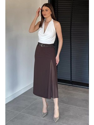 Gülseli Kadın Kemer Aksesuarlı Tül Yırtmaç Detaylı Etek P-00020665