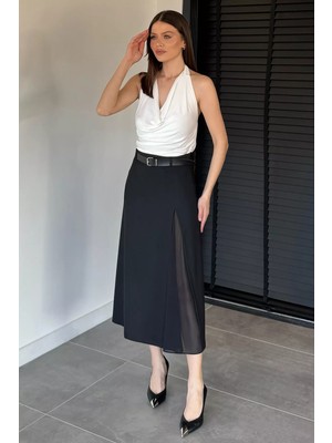 Gülseli Kadın Kemer Aksesuarlı Tül Yırtmaç Detaylı Etek P-00020665