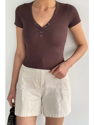 Gülseli Kadın V Yaka Ön Çıtçıtlı Likralı Bluz P-00020624