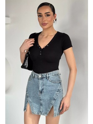 Gülseli Kadın V Yaka Ön Çıtçıtlı Likralı Bluz P-00020624