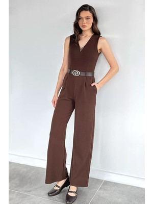 Gülseli Kadın V Yaka Gold Tokalı Kemer Aksesuarlı Tulum P-00020618