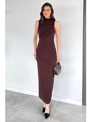 Gülseli Kadın Dik Yaka Bel ve Omuz Drapeli Yırtmaç Detaylı Likralı Elbise P-00020619