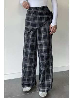 Gülseli Kadın Bel Lastikli Ekose Desenli Fularlı Pantolon P-00020777