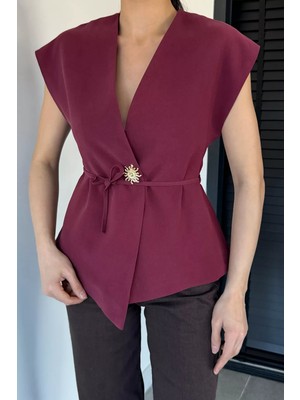 Gülseli Kadın Bel Bağlamalı Gold Düğmeli Yelek P-00020660