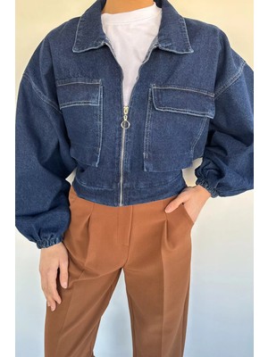 Gülseli Kadın Çift Cepli Ön Fermuarlı Jean Kot Ceket P-00020646