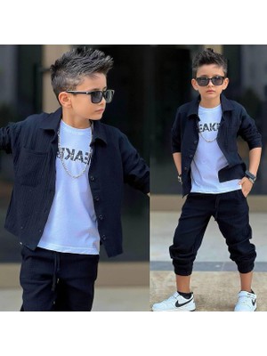 Bambam Erkek Çocuk Siyah Müslin 3 Parça Takım Gömlek Tişört Pantolon Kombin 12001S