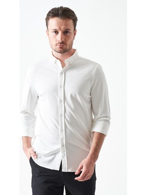Tena Erkek Ekru Uzun Kol Ripaş Dalgıç Slim Fit Gömlek