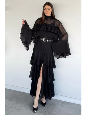 Gülseli Kadın Yırtmaçlı Kemerli Kat Detaylı Tül Etek P-00020723