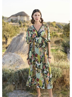 İlkyaz Fashion  %100 Viskon Çiçek ve Yaprak Desenli Kısa Kollu Elbise