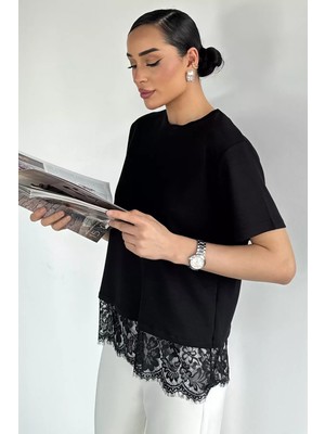 Gülseli Kadın Bisiklet Yaka Dantelli Basic Tişört P-00020628