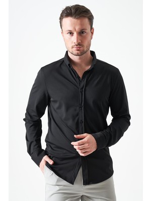Tena Erkek Siyah Uzun Kol Ripaş Dalgıç Slim Fit Gömlek