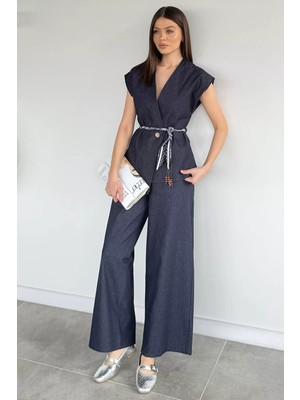 Gülseli Kadın Saten Kemerli Jean Kot Yelek Bel Lastikli Pantolon Ikili Takım P-00020659