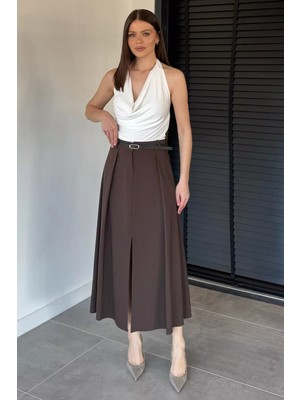 Gülseli Kadın Kemer Aksesuarlı Yırtmaç Detaylı Etek P-00020663