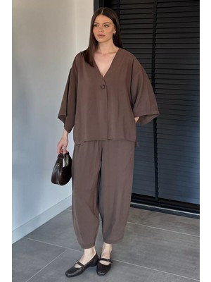 Gülseli Perry Kadın Kısa Kol Oversize Bluz Havuç Pantolon Ikili Takım P-00020707